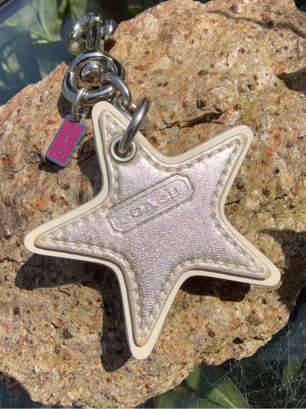 Vintage Coach Metallic Silver Leather Star Key Fob Bag Charm Keychain
